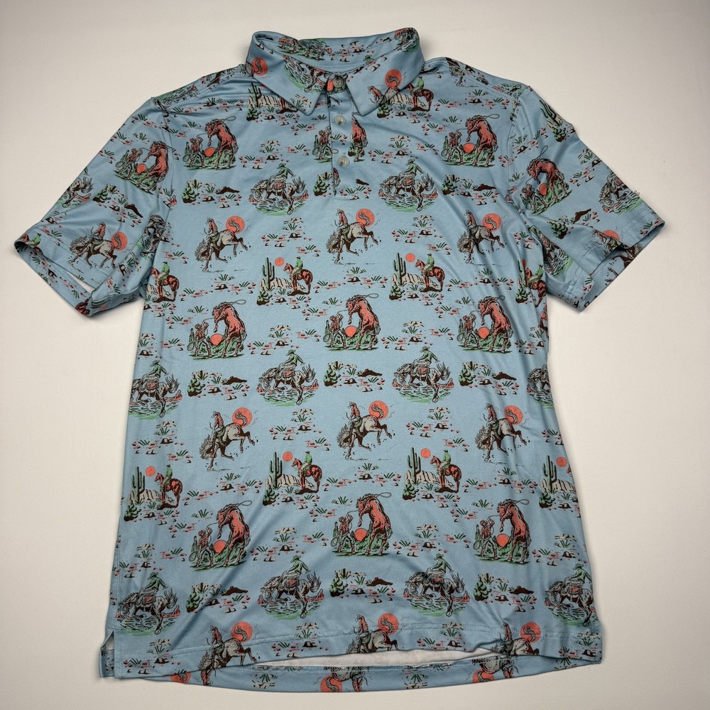 Burlebo Polo Shirt Mens Medium Blue Cowboy Western Print Golf Stretch Tech